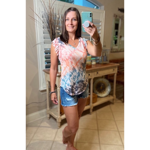 Tie Dye Flutter Ruffle Short Sleeve Coral 3220 - Picture 4 of 6